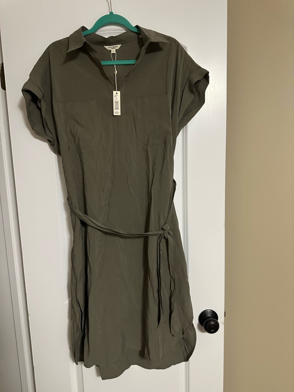 Max Studio Olive Green Midi Shirt Dress with Tie Waist